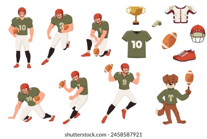 American college football equipment and uniform vector cartoon set. Cartoon athlete male character in uniform and protective helmet playing rugby. Sport game dog ambassador