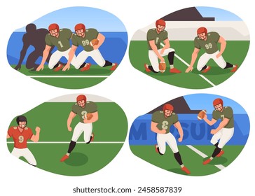 American college football. Players wearing protective gear are shown in action-packed scenes. Flat vector set for sports graphics, stickers and decorations.