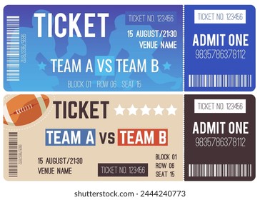 Set de Vector de entradas de fútbol americano. Plantilla de diseño de entradas para el campeonato de rugby. Juego deportivo torneo de Equipos, tarjeta de invitación a la competición