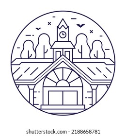 American college or high school abstract logo template. Museum or Art Gallery landmark circle icon. City hall or other government building emblem in line art style.