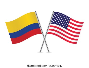 American and Colombian flags. Vector illustration.