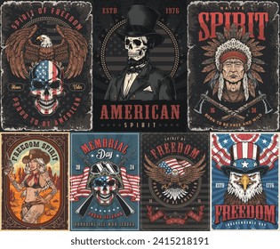 American colorful set stickers with dead woman head and eagle near eagle and cowgirl for design American bar vector illustration