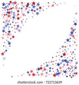 American colors border frame, blue and red stars falling. USA symbols border. American President Day background in colors of USA flag for card, banner, poster. Holiday star dust frame pattern.