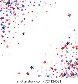 American colors border frame, blue and red stars falling. USA symbols border. American President Day background in colors of USA flag for card, banner, poster. Holiday star dust frame pattern.