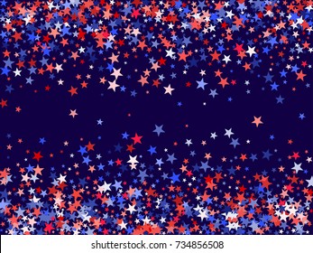 American colors border frame, blue and red stars falling. USA symbols border. American President Day background in colors of USA flag for card, banner, poster. Holiday star dust frame pattern.