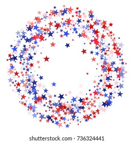 American colors border frame, blue and red stars falling. USA symbols border. American President Day background in colors of USA flag for card, banner, poster. Holiday star dust frame pattern.