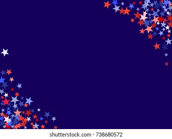 American colors border frame, blue and red stars falling. USA symbols border. American President Day background in colors of USA flag for card, banner, poster. Holiday star dust frame pattern.