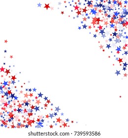 American colors border frame, blue and red stars falling. USA symbols border. American President Day background in colors of USA flag for card, banner, poster. Holiday star dust frame pattern.