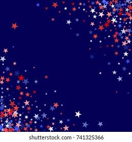 American colors border frame, blue and red stars falling. USA symbols border. American President Day background in colors of USA flag for card, banner, poster. Holiday star dust frame pattern.