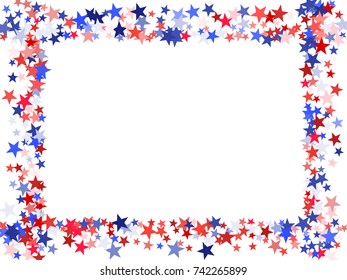 American colors border frame, blue and red stars falling. USA symbols border. American President Day background in colors of USA flag for card, banner, poster. Holiday star dust frame pattern.