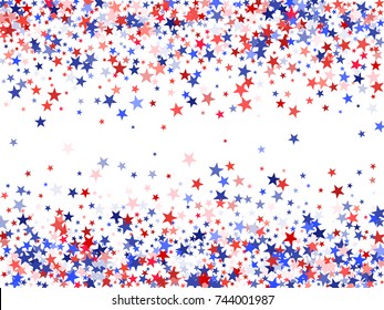 American Colors Border Frame, Blue And Red Stars Falling. USA Symbols Border. American President Day Background In Colors Of USA Flag For Card, Banner, Poster. Holiday Star Dust Frame Pattern.