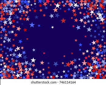 American colors border frame, blue and red stars falling. USA symbols border. American President Day background in colors of USA flag for card, banner, poster. Holiday star dust frame pattern.