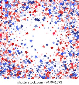 American colors border frame, blue and red stars falling. USA symbols border. American President Day background in colors of USA flag for card, banner, poster. Holiday star dust frame pattern.
