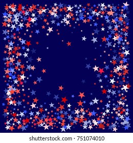 American colors border frame, blue and red stars falling. USA symbols border. American President Day background in colors of USA flag for card, banner, poster. Holiday star dust frame pattern.