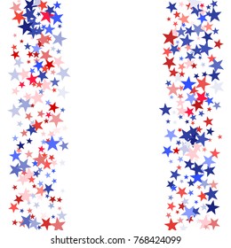 American colors border frame, blue and red stars falling. USA symbols border. American President Day background in colors of USA flag for card, banner, poster. Holiday star dust frame pattern.