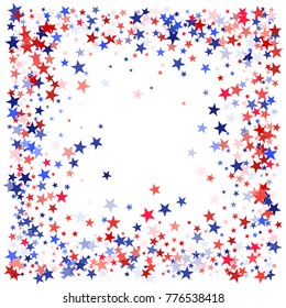 American colors border frame, blue and red stars falling. USA symbols border. American President Day background in colors of USA flag for card, banner, poster. Holiday star dust frame pattern.