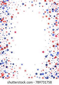 American colors border frame, blue and red stars falling. USA symbols border. American President Day background in colors of USA flag for card, banner, poster. Holiday star dust frame pattern.