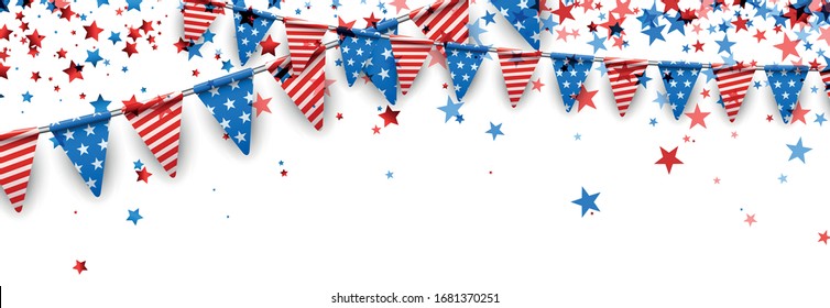 American colors small bunting triangle flags with star shape confetti on white background. Horizontal template for promotion, banners, cards, invitation, flyers, posters.