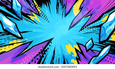 American comic book style background with flying ice particles_Colorful_16:9