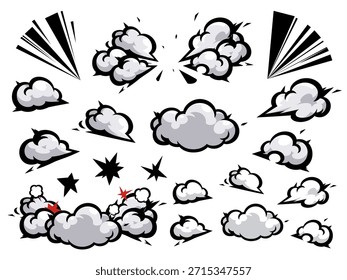 Conjunto de ilustración de humo y luz de aterrizaje fresco de estilo cómico estadounidense