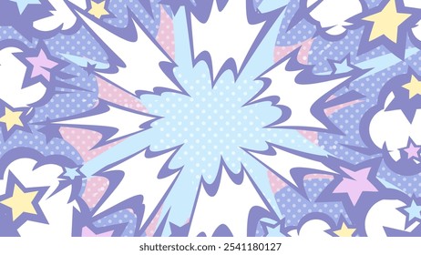 Efeito de choque de estilo cômico americano e ilustração de fundo com estrelas voadoras e fumaça_16:9_roxo