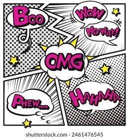 American comic style speech bubbles, pink text, and black and white panel layout. Comic background design illustration. Vector illustration.