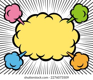 Marco y líneas de concentración pop en forma de nube al estilo de un cómic americano. Material de fondo del vector.