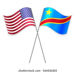 American and Congolese crossed flags. United States of America combined with Democratic Republic of the Congo isolated on white. Language learning, international business or travel concept.