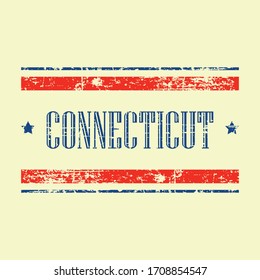 Diseño de texto de estado de Connecticut estadounidense. Textura gruesa con colores rojo y azul / estrellas. Tema de los Estados Unidos de América.