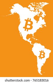 American continent map with bitcoin crypto currency symbol illustration