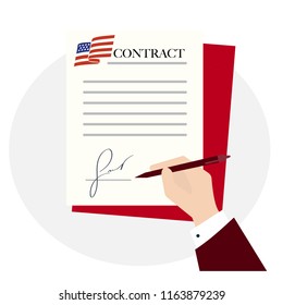 American contract signing. Man hand signs document stamped with red the USA flag American symbol, put signature.  Modern concept for web sites, infographics or international deal. Flat style Vector