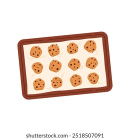 Galletas americanas con chispas de chocolate en bandeja al horno. Galletas sabrosas tradicionales con gotas en la bandeja del horno. Ilustración vectorial en estilo de dibujos animados. Aislado en el fondo blanco