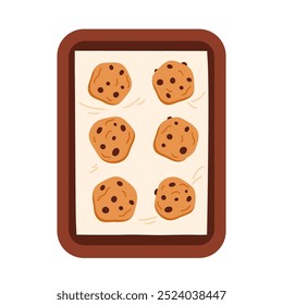 Galletas americanas con chispas de chocolate en bandeja al horno. Galletas sabrosas tradicionales con gotas en la bandeja del horno. Ilustración vectorial en estilo de dibujos animados. Aislado en el fondo blanco