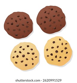 American cookies with chocolate chips. Traditional tasty biscuits with drops. Vector illustration in cartoon style. Isolated on white background