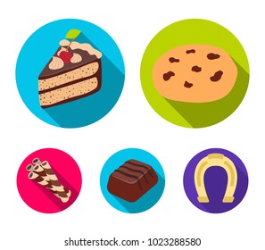 American cookies, a piece of cake, candy, wafer tubule. Chocolate desserts set collection icons in flat style vector symbol stock illustration web.
