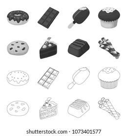 American cookies, a piece of cake, candy, wafer tubule. Chocolate desserts set collection icons in outline,monochrome style vector symbol stock illustration web.