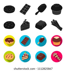 American cookies, a piece of cake, candy, wafer tubule. Chocolate desserts set collection icons in black,flet style vector symbol stock illustration web.