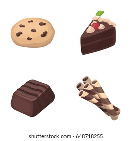 American cookies, a piece of cake, candy, wafer tubule. Chocolate desserts set collection icons in cartoon style vector symbol stock illustration web.