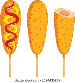 American Corn Dog Set. Ketchup and Mustard Topping, Simple and Bitten Deep Fried Corn Dogs