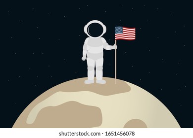American cosmonaut stand on moon and hold flag of USA. Cartoon style. Vector illustration.