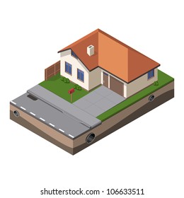 American Cottage, Small Wooden House For Real Estate Brochures Or Web Icon. With Yard, Green Grass, Road, Mailbox, Fence, Ground. Isometric Vector EPS10