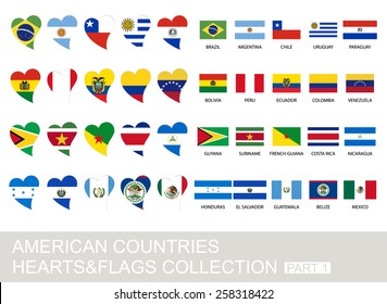 American countries set, hearts and flags, 2  version, part 1