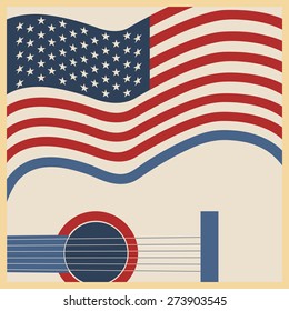 American Country Music Background With Guitar And Symbol Flag.Vector Poster