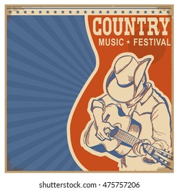 American Country music background with text.Musician in cowboy hat  playing guitar