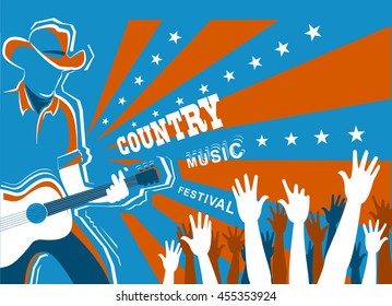  American Country music concert with musician playing guitar.Vector background illustration