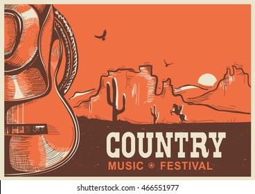 American country music poster with cowboy hat and guitar on vintage landscape background