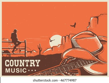 American country music poster with cowboy hat and guitar on vintage landscape background for text