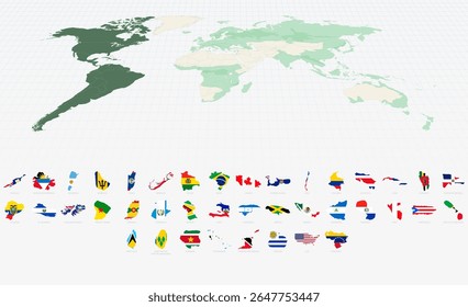 American Country Shapes with Flags on a Highlighted World Map. Vector Map Collection.