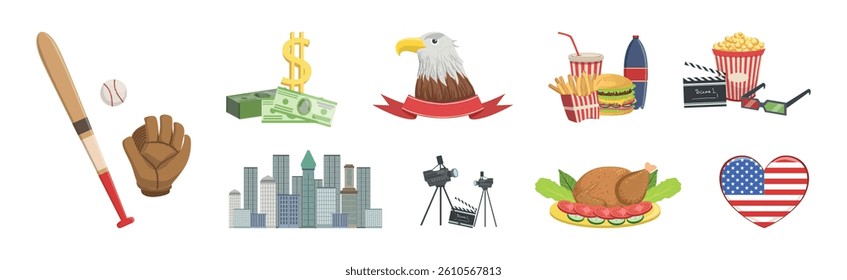 American Country Symbol and Object Colorful Vector Set