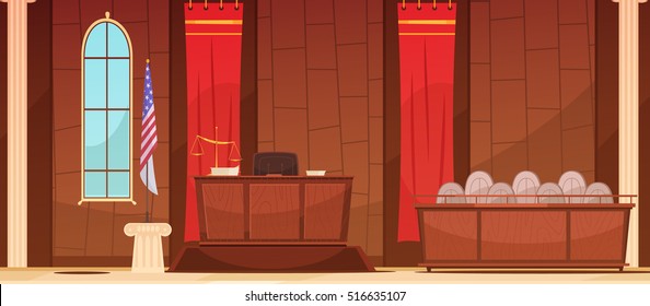 American court of law judicial legal proceedings in courthouse with flag  and jury box retro poster vector illustration